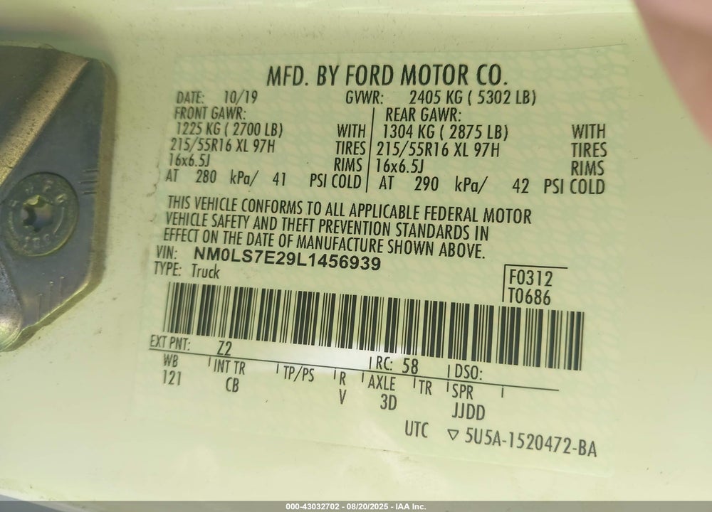 2020 FORD TRANSIT CONNECT XL CARGO VAN VIN: NM0LS7E29L1456939