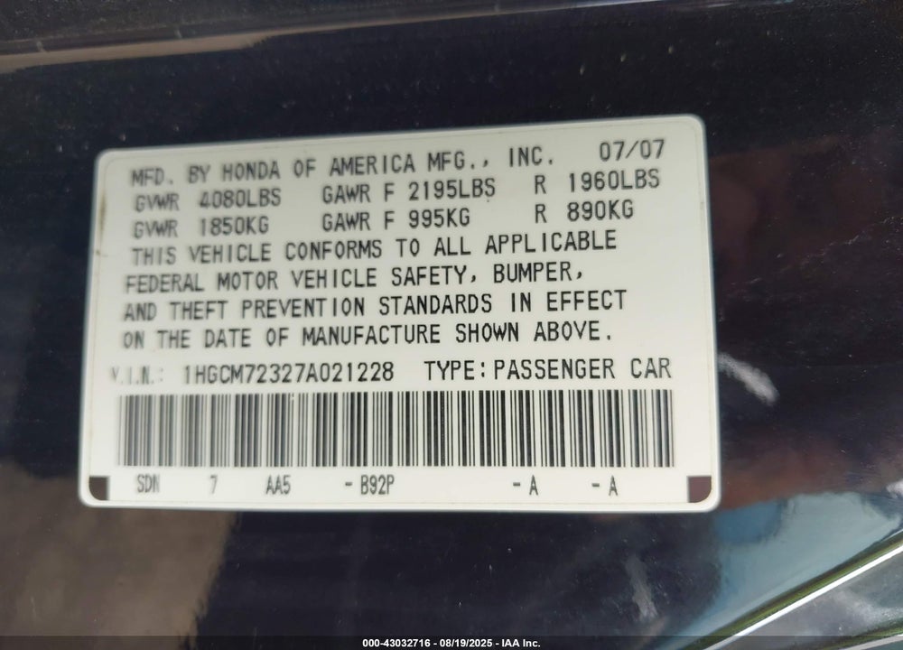 2007 HONDA ACCORD VIN: 1HGCM72327A021228