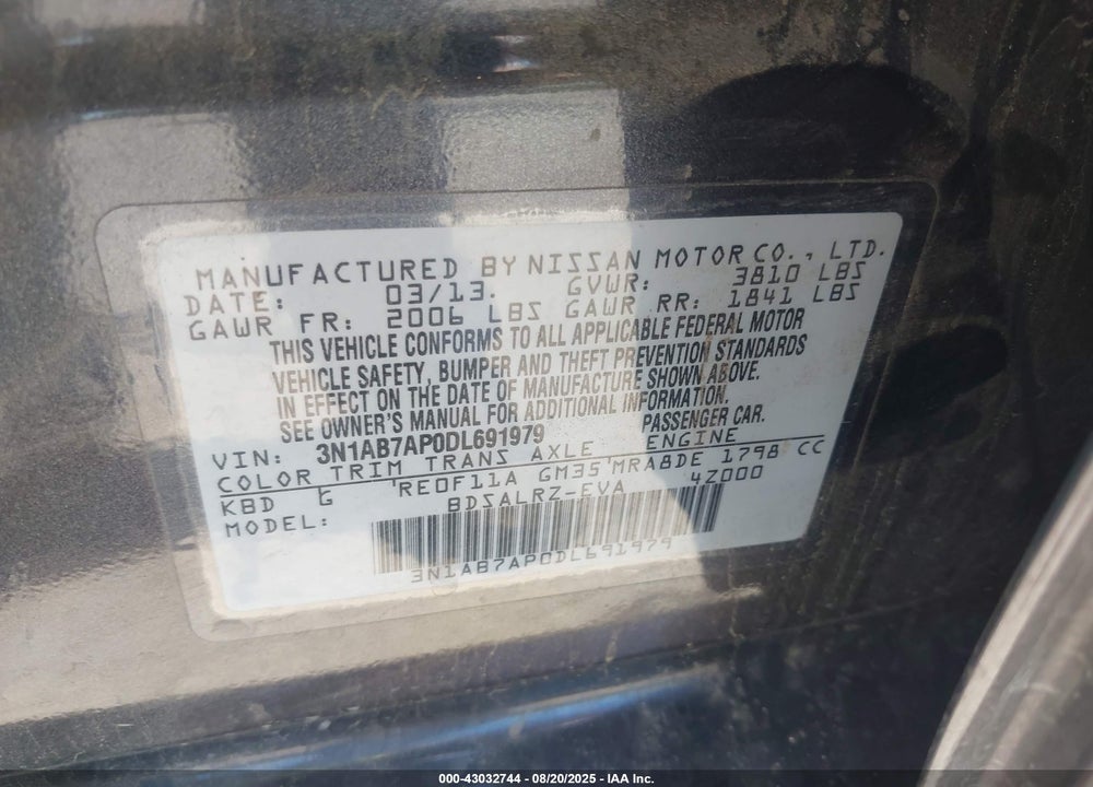 2013 NISSAN SENTRA SR VIN: 3N1AB7AP0DL691979