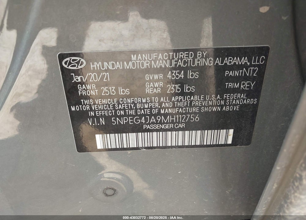 2021 HYUNDAI SONATA SE VIN: 5NPEG4JA9MH112756