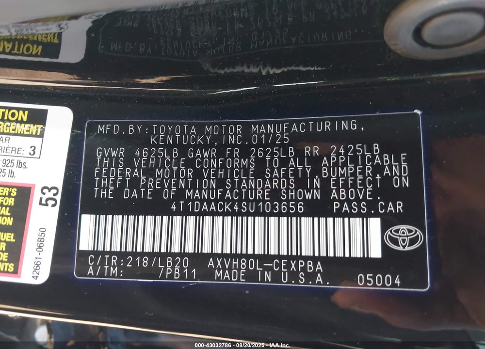 2025 TOYOTA CAMRY VIN: 4T1DAACK4SU103656