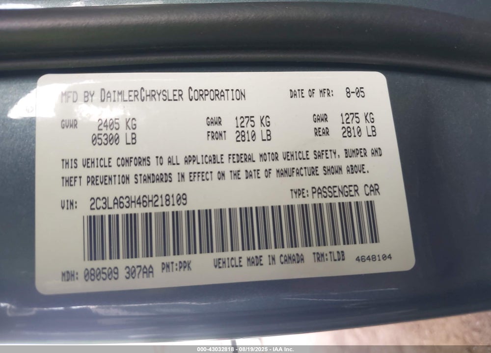 2006 CHRYSLER 300 VIN: 2C3LA63H46H218109