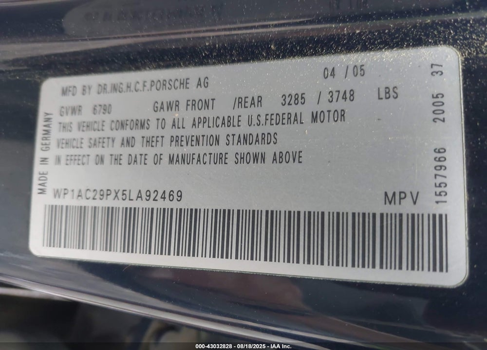 2005 PORSCHE CAYENNE TURBO VIN: WP1AC29PX5LA92469