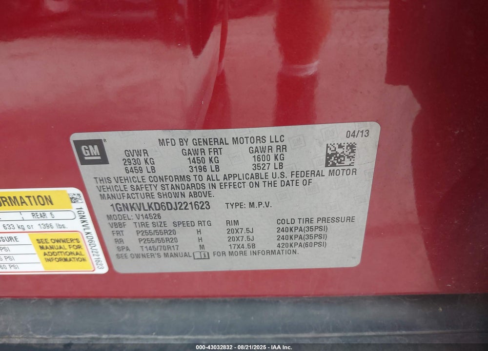 2013 CHEVROLET TRAVERSE VIN: 1GNKVLKD6DJ221623