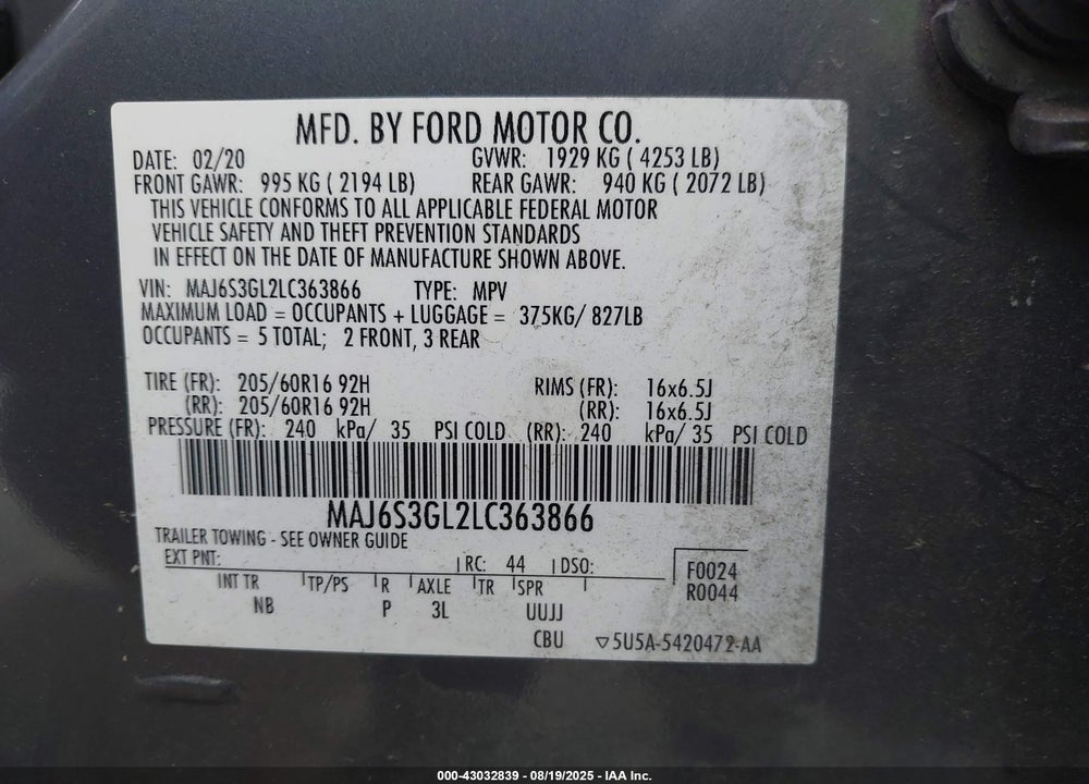 2020 FORD ECOSPORT VIN: MAJ6S3GL2LC363866