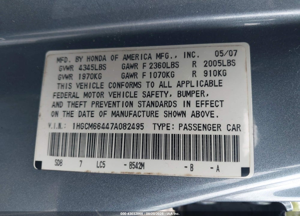 2007 HONDA ACCORD 3.0 SE VIN: 1HGCM66447A082495