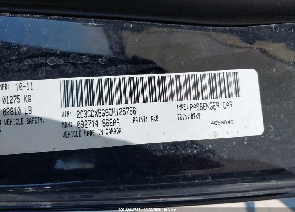 2012 DODGE CHARGER VIN: 2C3CDXBG9CH125796
