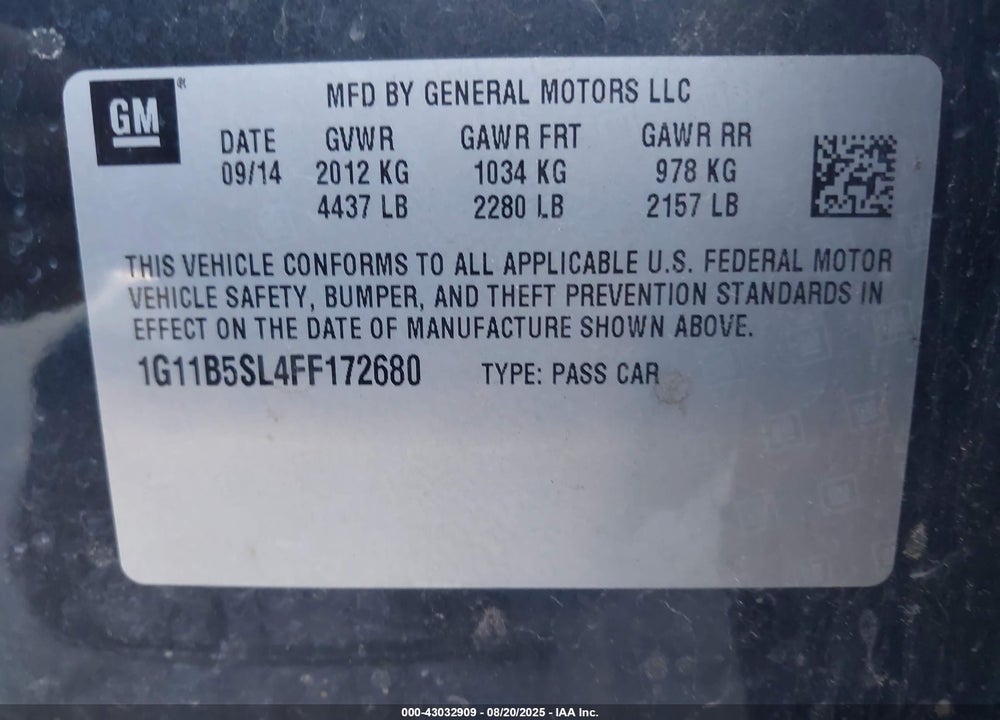 2015 CHEVROLET MALIBU LS VIN: 1G11B5SL4FF172680