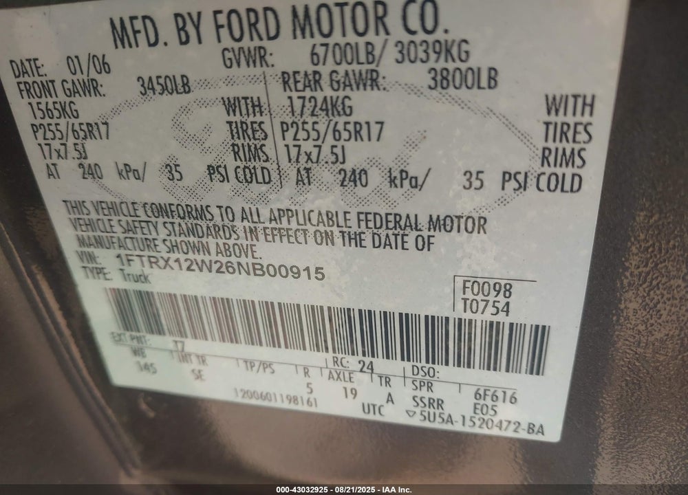 2006 FORD F-150 STX/XL/XLT VIN: 1FTRX12W26NB00915