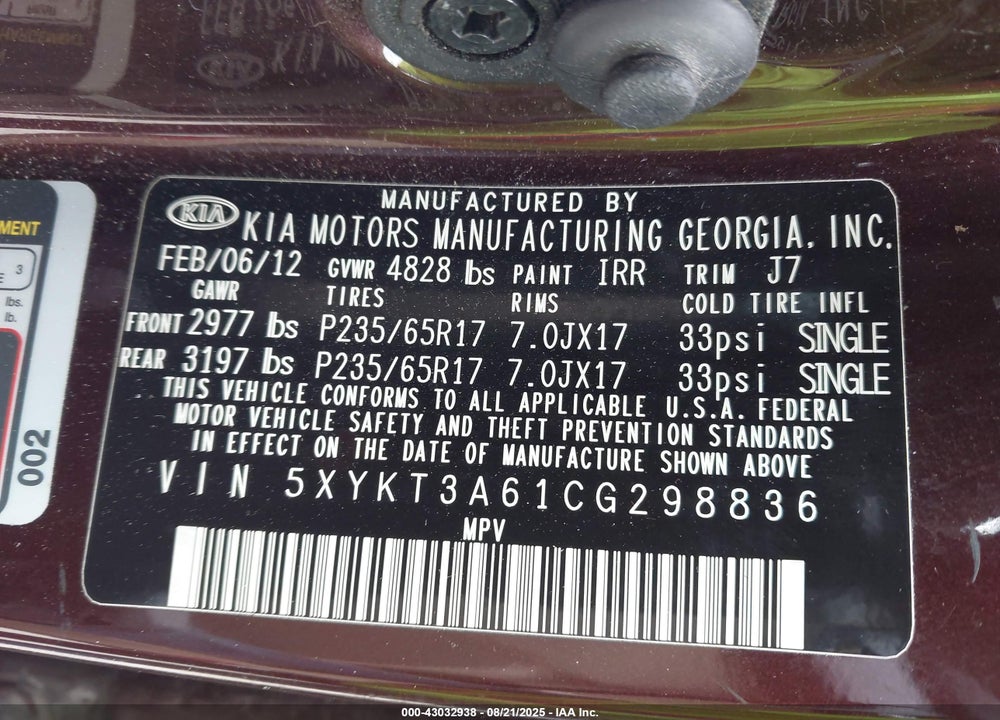 2012 KIA SORENTO VIN: 5XYKT3A61CG298836
