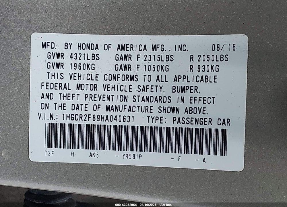 2017 HONDA ACCORD VIN: 1HGCR2F89HA040631