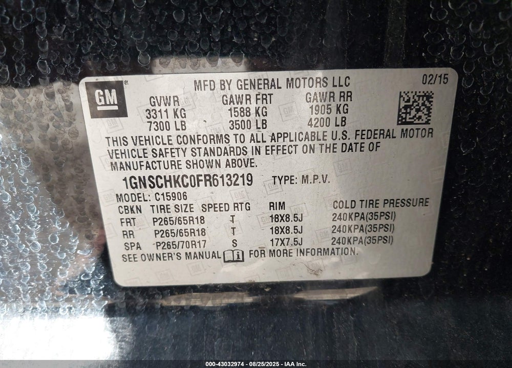 2015 CHEVROLET SUBURBAN 1500 VIN: 1GNSCHKC0FR613219