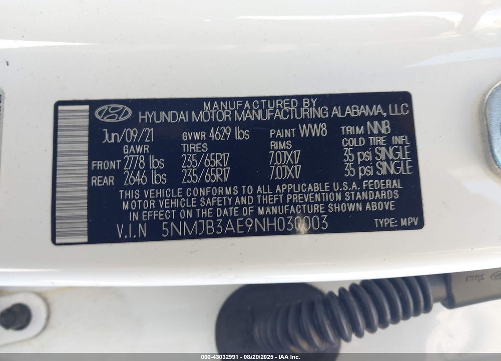 2022 HYUNDAI TUCSON VIN: 5NMJB3AE9NH030003