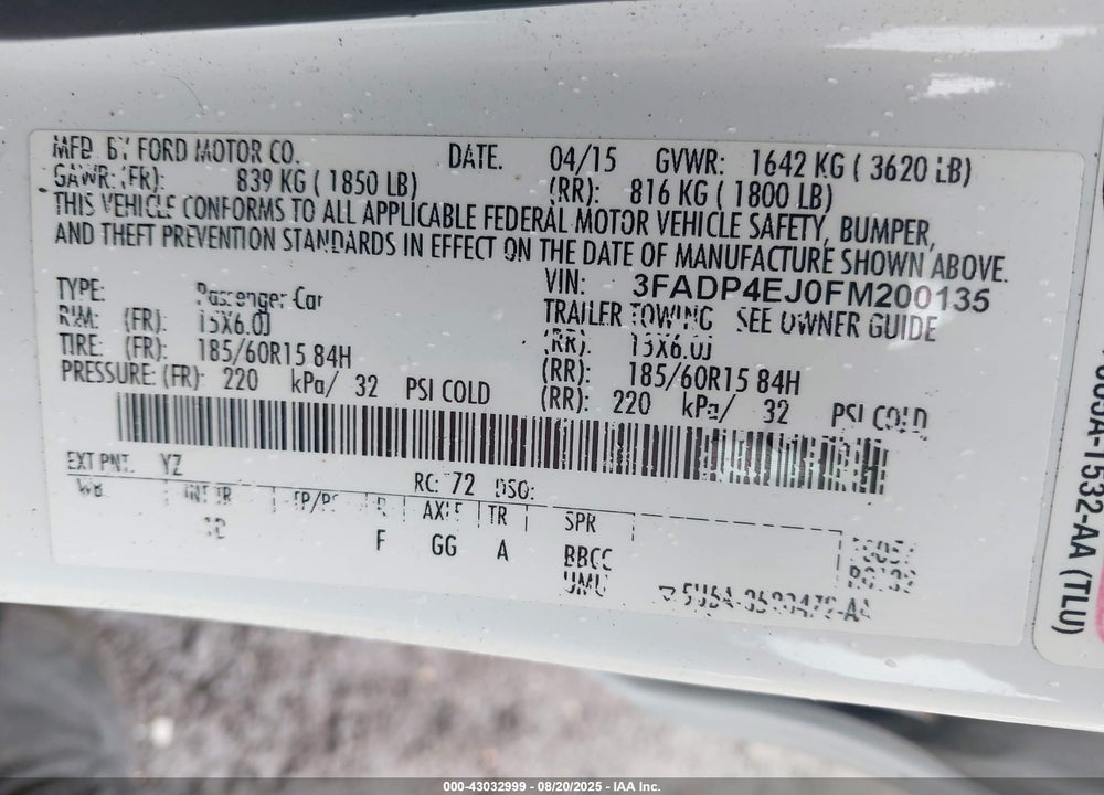 2015 FORD FIESTA VIN: 3FADP4EJ0FM200135
