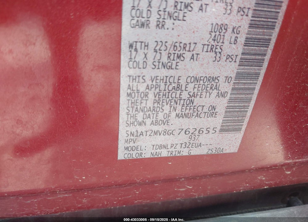 2016 NISSAN ROGUE VIN: 5N1AT2MV8GC762655