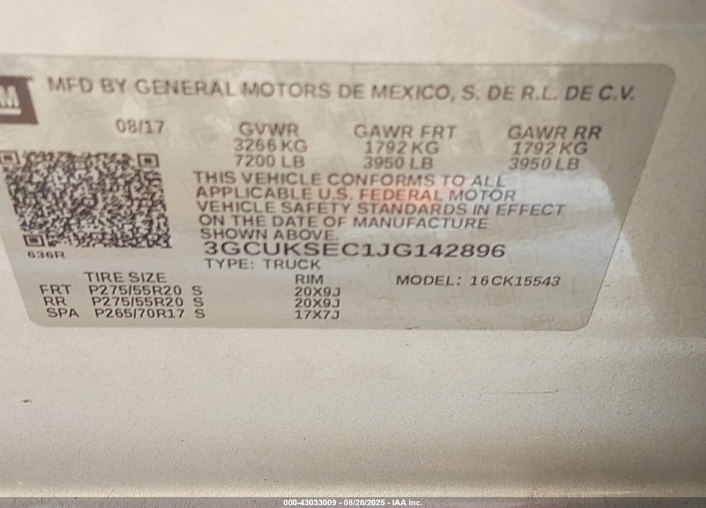 2018 CHEVROLET SILVERADO 1500 VIN: 3GCUKSEC1JG142896