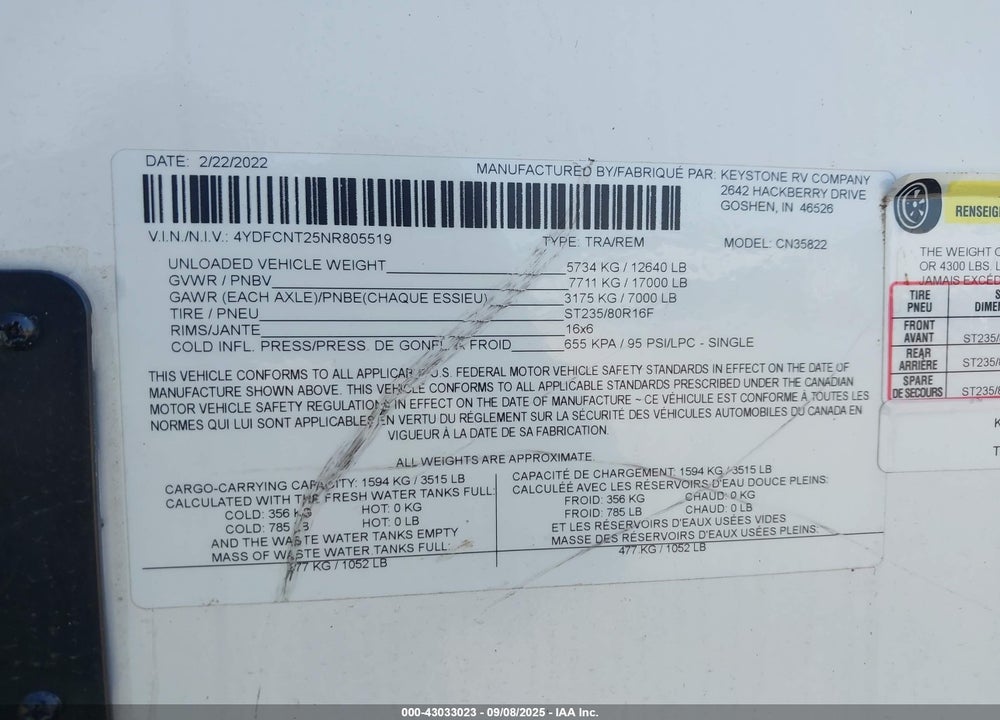 2022 KEYSTONE CARBON M-358 VIN: 4YDFCNT25NR805519