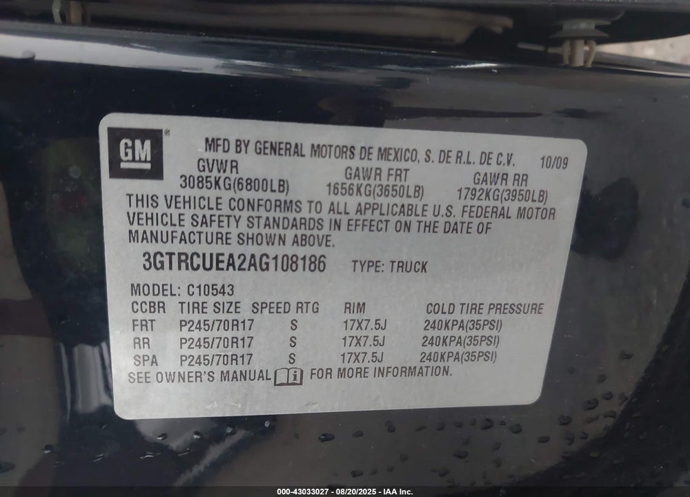2010 GMC SIERRA 1500 VIN: 3GTRCUEA2AG108186
