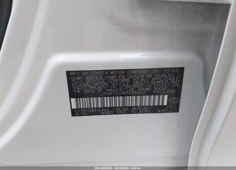 2024 LEXUS IS 500 VIN: JTHAP1D24R5005007