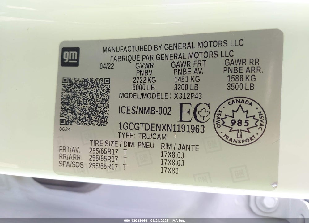 2022 CHEVROLET COLORADO VIN: 1GCGTDENXN1191963