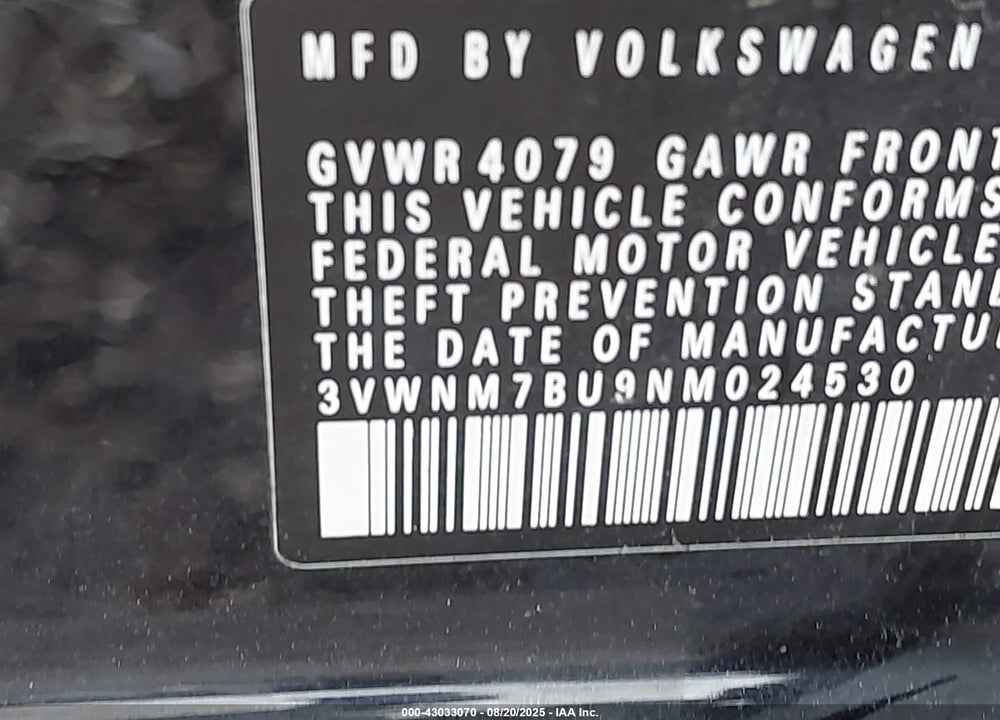2022 VOLKSWAGEN JETTA VIN: 3VWNM7BU9NM024530