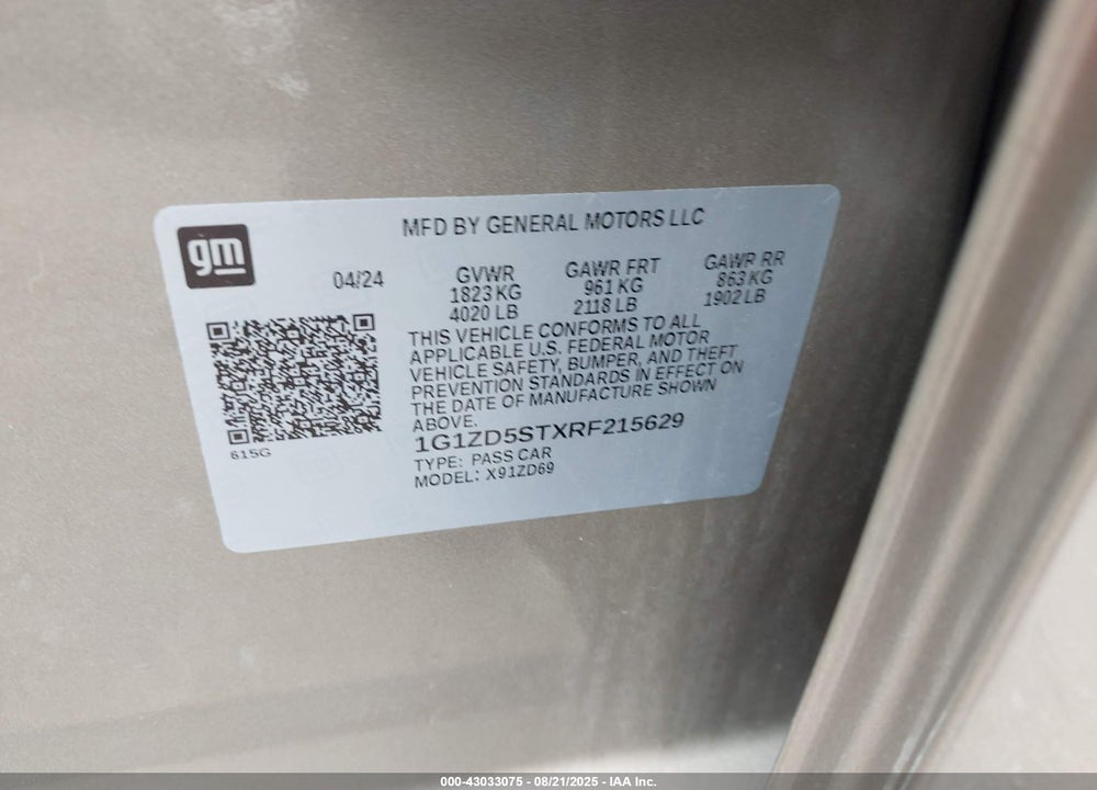 2024 CHEVROLET MALIBU VIN: 1G1ZD5STXRF215629