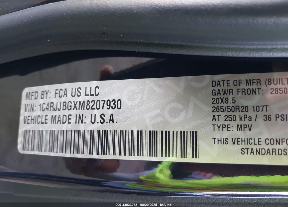 2021 JEEP GRAND CHEROKEE L VIN: 1C4RJJBGXM8207930