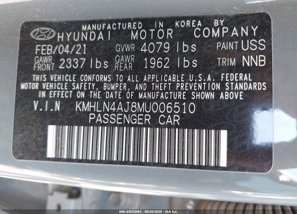 2021 HYUNDAI ELANTRA HYBRID VIN: KMHLN4AJ8MU006510