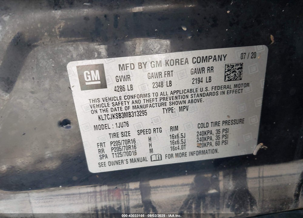 2021 CHEVROLET TRAX VIN: KL7CJKSB3MB313295