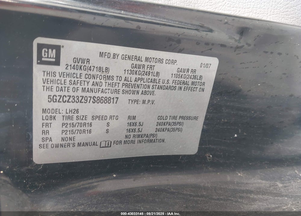 2007 SATURN VUE HYBRID VIN: 5GZCZ33Z97S868817