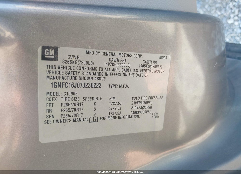 2007 CHEVROLET SUBURBAN 1500 LT VIN: 1GNFC16J07J230222