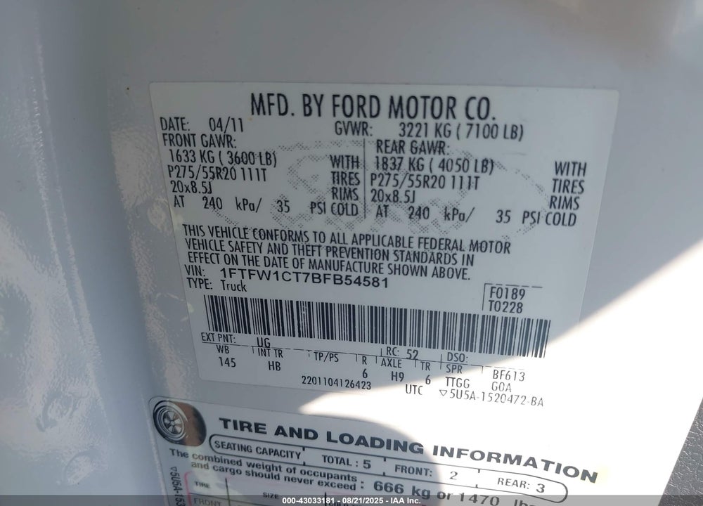 2011 FORD F-150 VIN: 1FTFW1CT7BFB54581
