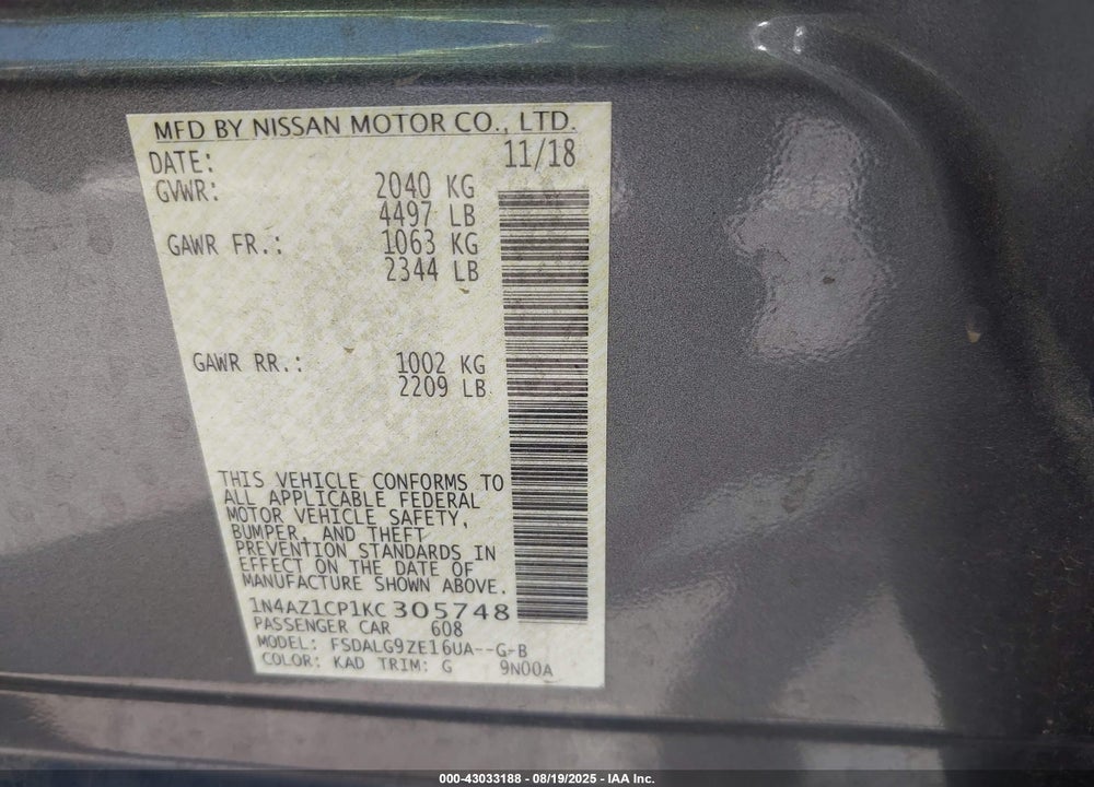 2019 NISSAN LEAF VIN: 1N4AZ1CP1KC305748
