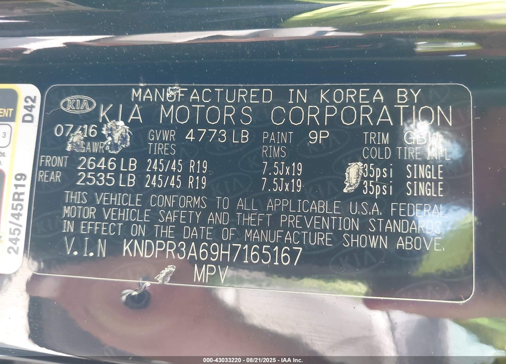 2017 KIA SPORTAGE VIN: KNDPR3A69H7165167