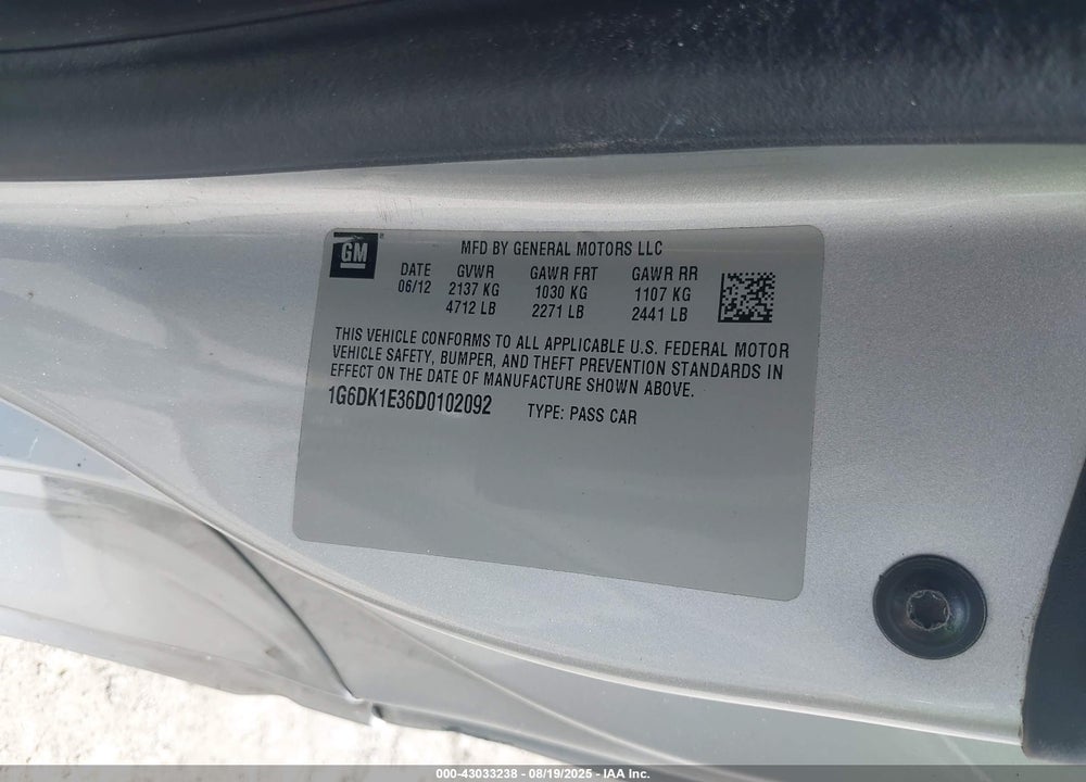2013 CADILLAC CTS VIN: 1G6DK1E36D0102092