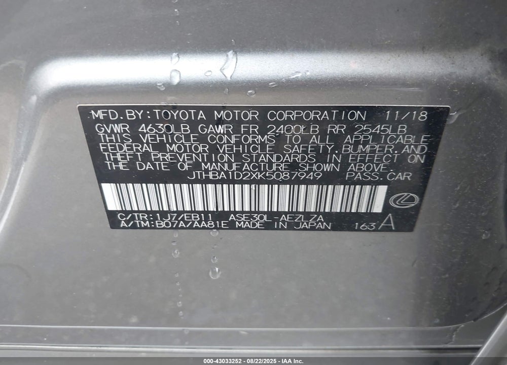 2019 LEXUS IS 300 VIN: JTHBA1D2XK5087949