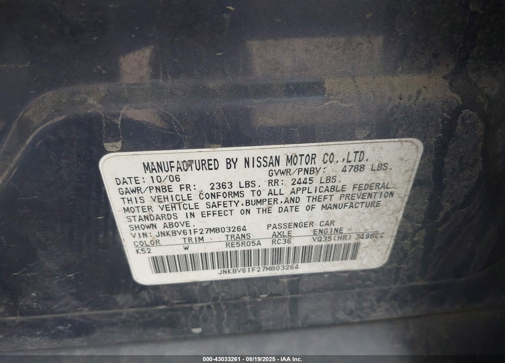 2007 INFINITI G35X VIN: JNKBV61F27M803264