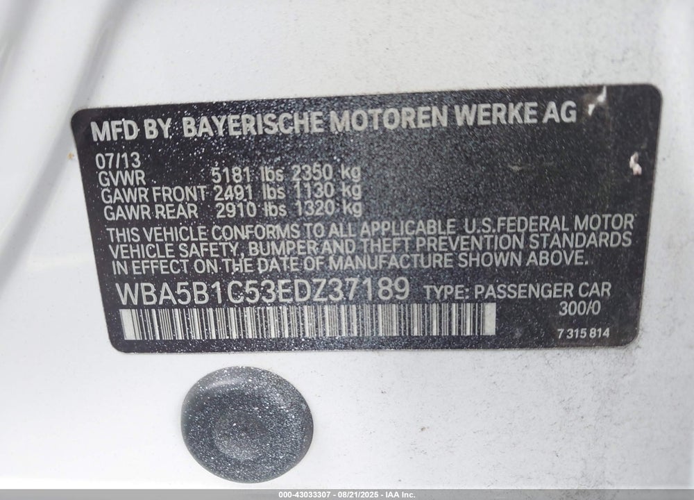 2014 BMW 535I VIN: WBA5B1C53EDZ37189