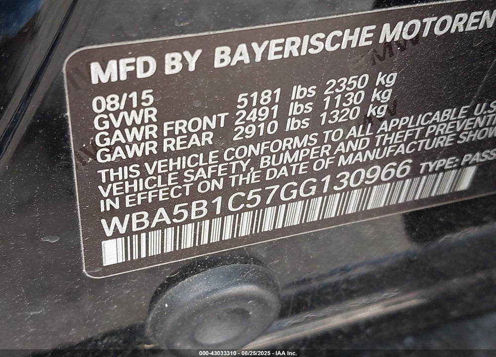 2016 BMW 5 SERIES VIN: WBA5B1C57GG130966