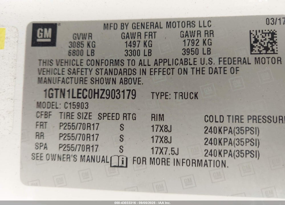 2017 GMC SIERRA 1500 VIN: 1GTN1LEC0HZ903179