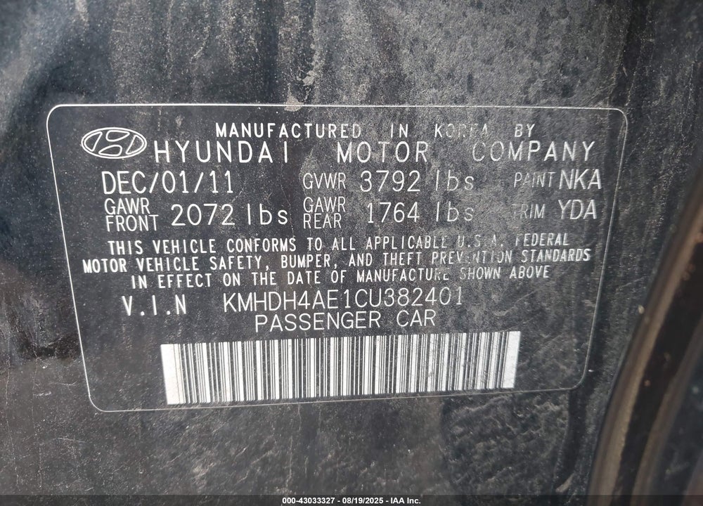 2012 HYUNDAI ELANTRA GLS (ULSAN PLANT) VIN: KMHDH4AE1CU382401