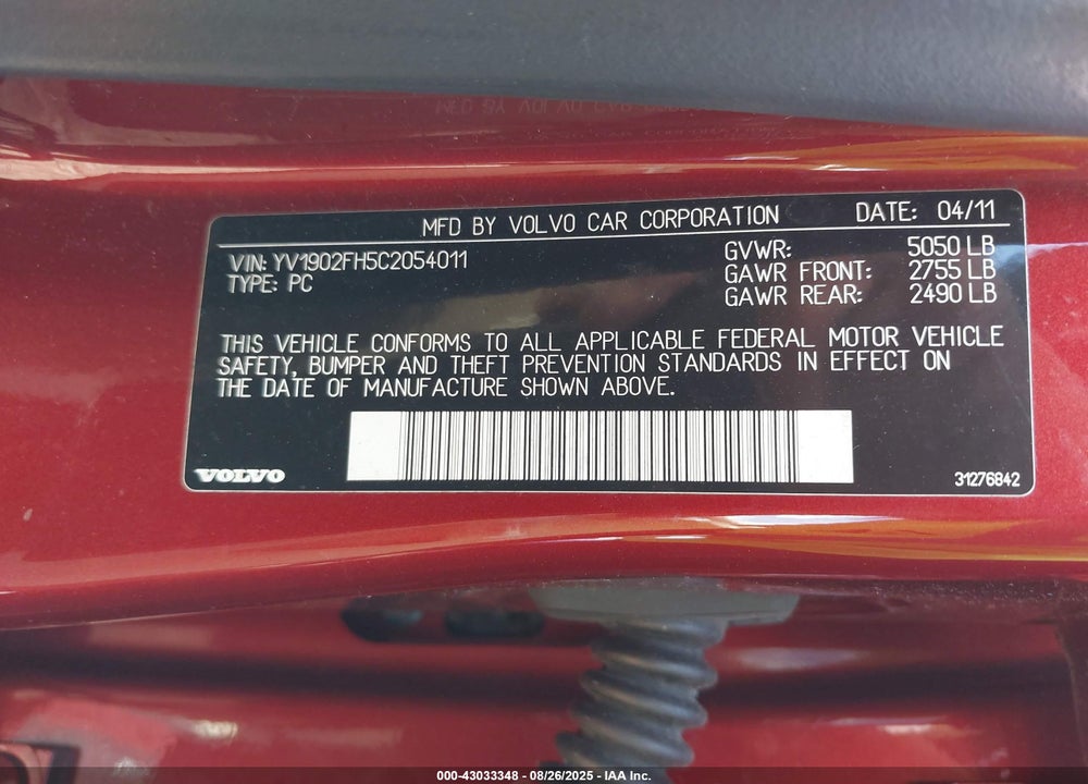 2012 VOLVO S60 VIN: YV1902FH5C2054011