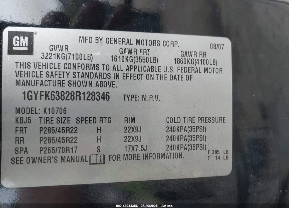 2008 CADILLAC ESCALADE VIN: 1GYFK63828R128346