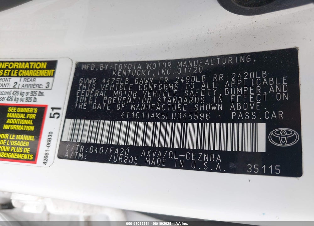 2020 TOYOTA CAMRY VIN: 4T1C11AK5LU345596