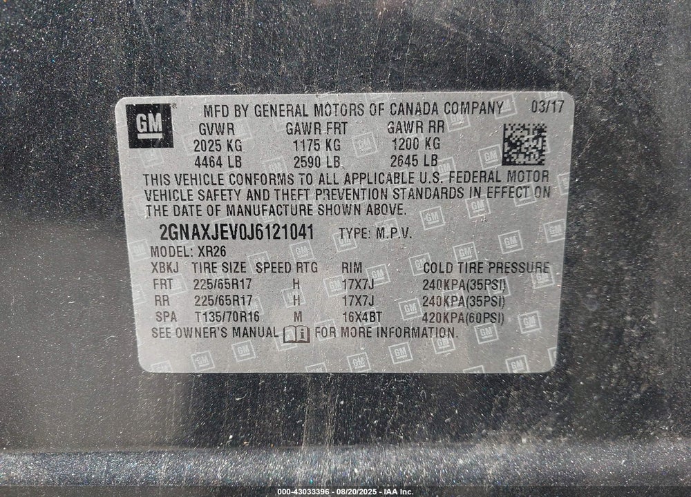 2018 CHEVROLET EQUINOX VIN: 2GNAXJEV0J6121041