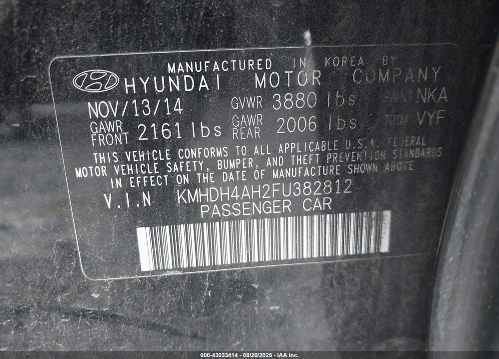 2015 HYUNDAI ELANTRA VIN: KMHDH4AH2FU382812