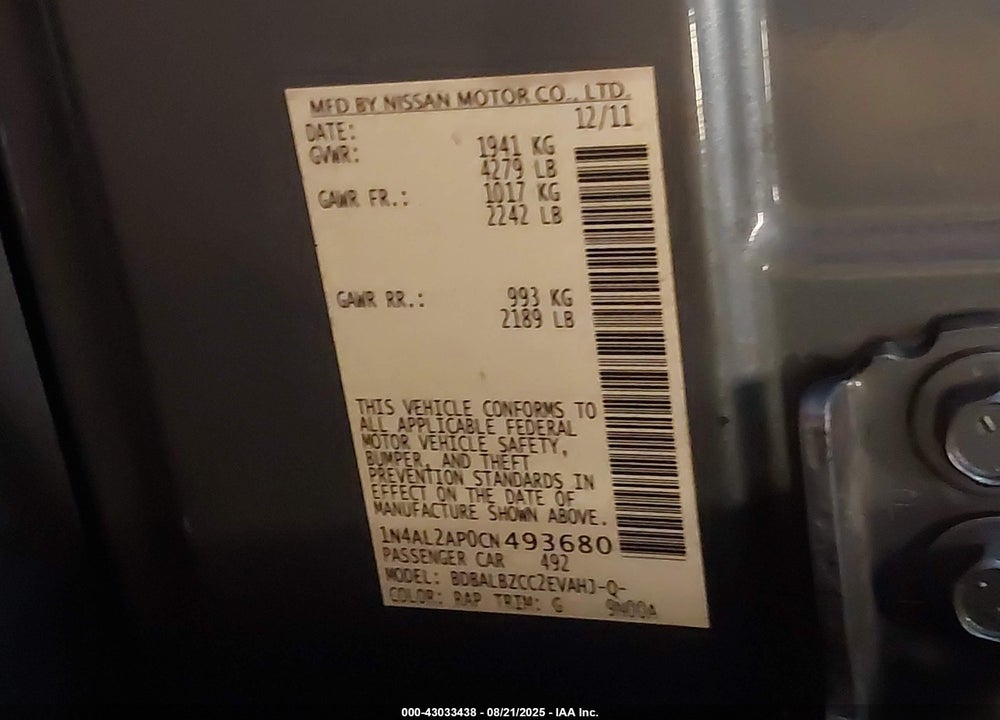 2012 NISSAN ALTIMA VIN: 1N4AL2AP0CN493680