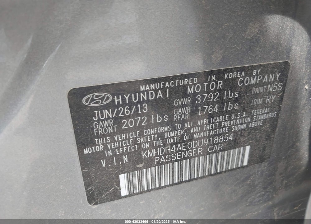 2013 HYUNDAI ELANTRA VIN: KMHDH4AE0DU918854