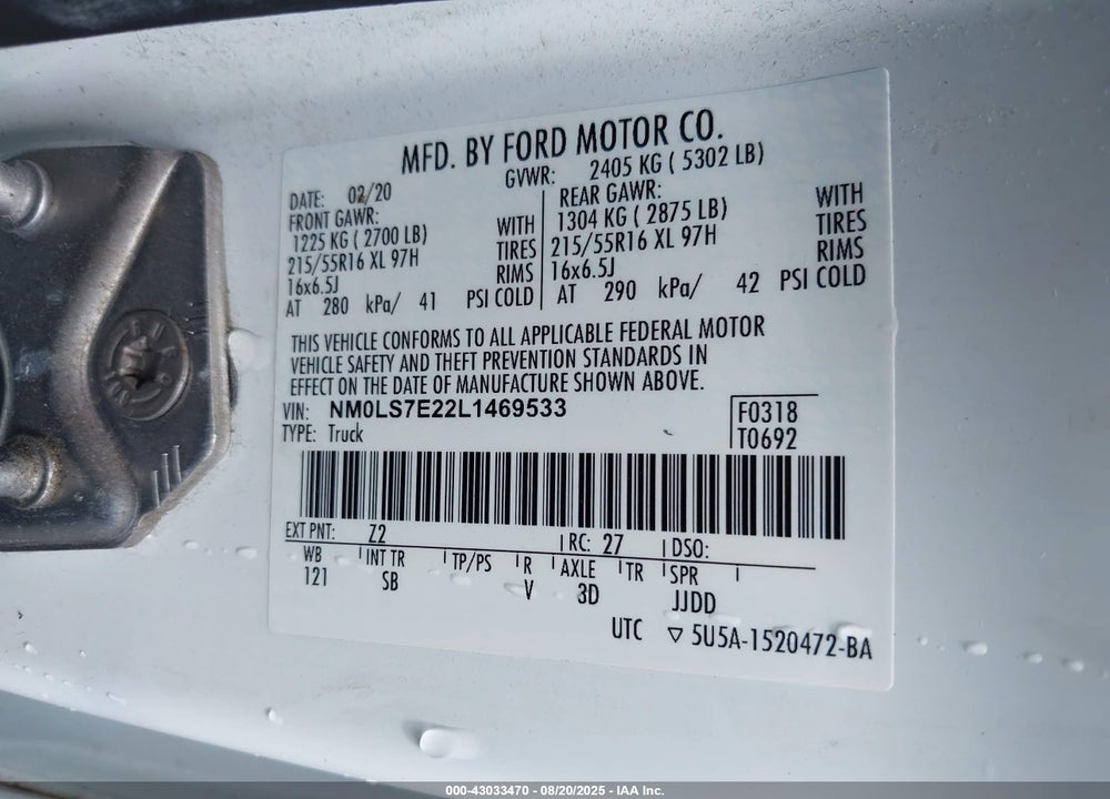 2020 FORD TRANSIT CONNECT XL CARGO VAN VIN: NM0LS7E22L1469533