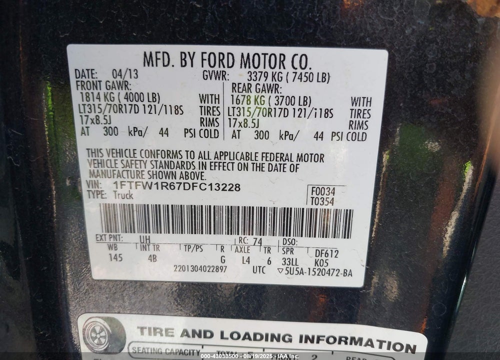 2013 FORD F-150 SVT RAPTOR VIN: 1FTFW1R67DFC13228